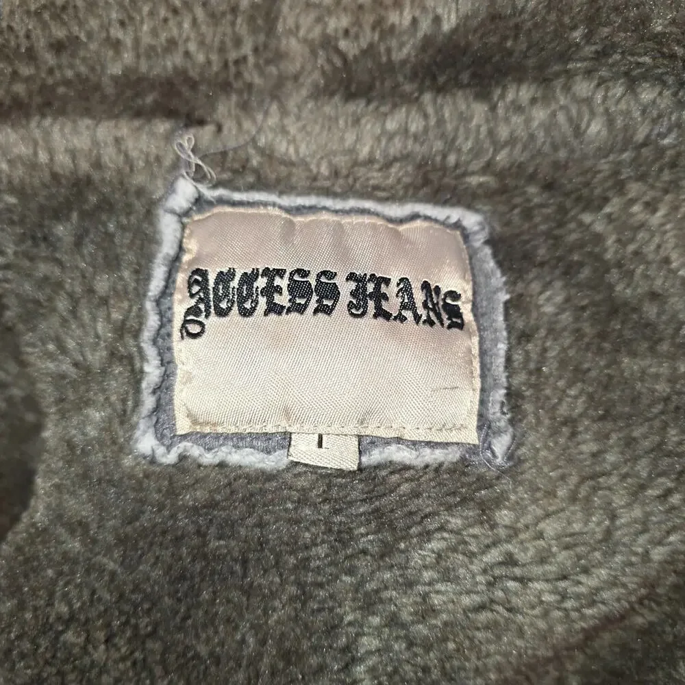 Vtg Womens Y2k Hoodie Sweatshirt Size L Full Zip Sherpa Spellout Gray Cropped